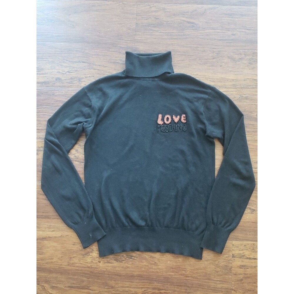 Love Moschino Black Turtleneck Sweater Size 4 Embroidered Logo Silk Blend Luxury